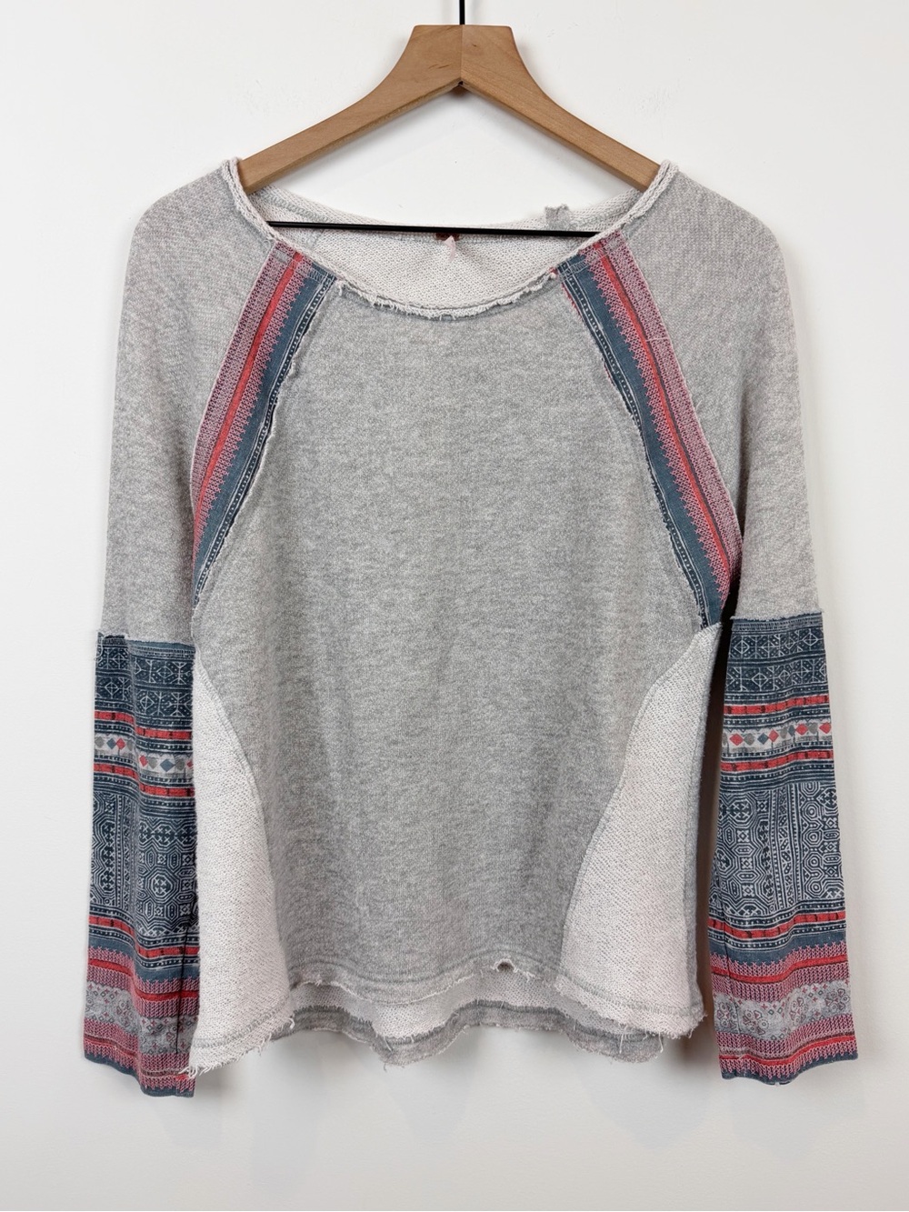 Free People Mixed Media Light Gray Long-Sleeve Top with Patchwork Sleeve Panels